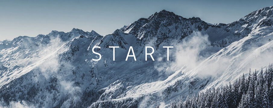 White start text overlaying a panoramic snow-covered mountain landscape