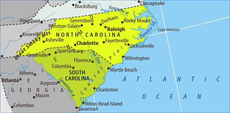 Vector north and south carolina state with cities,
rivers of usa country on political world map.
Fragment of american continent with georgia state, 
atlantic ocean, columbia, raleigh, charlotte.
