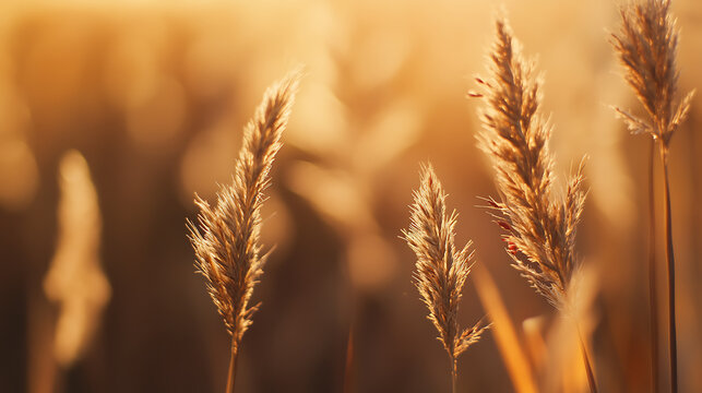 Golden hour bathes the wild grass, a scene of tranquility. The warm tones evoke peace, the gentle sway a meditative rhythm. Nature's quiet beauty unfolds.