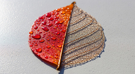 Conceptual macro of a single autumn leaf showing the transition from life to death. One half is vibrant red with dewdrops, the other a delicate skeleton, symbolizing the cycle of life and change.