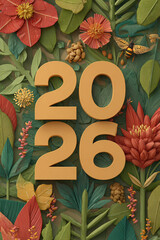 2026 new year tropical celebration with claymation flowers and jungle leaves