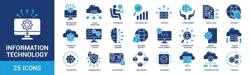 Information Technology icon set. Containing cloud computing, IT manager, big data, data analytics, internet, network security and more. Solid vector icons collection.