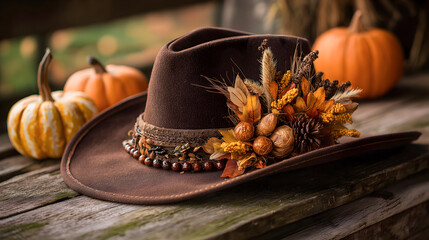 A cowboy hat placed on a wooden table with the harvest ready for Thanksgiving celebration