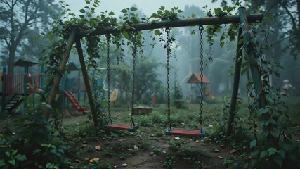 Foggy Morning in a Quiet Playground With Swings and Colorful Play Equipment - Powered by Adobe