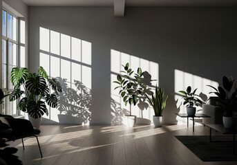 Fototapeta premium Sunlit modern Scandinavian style interior with lush green plants and natural light streaming through large windows