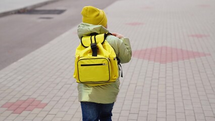 boy runs school with backpack, school classmate cheerful runner, restless child rushes class for lesson lesson, child victory, preschool education student, happy childhood, kid run yard city school.