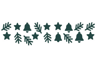 Christmas holiday border with pine branches, stars, and bells arranging festive greeting card design, transparent background