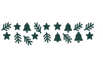 Christmas holiday border with pine branches, stars, and bells arranging festive greeting card design, transparent background