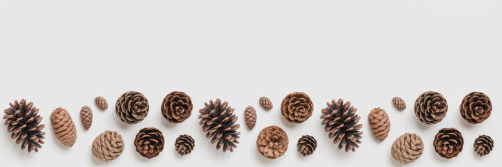 Pine cones and acorns border arranged on a white background perfect for seasonal designs and holiday themes