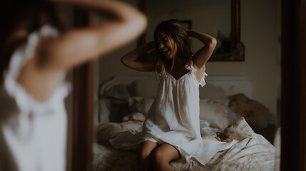 Joyful woman in a nightgown sitting on a bed seen in a mirror reflection