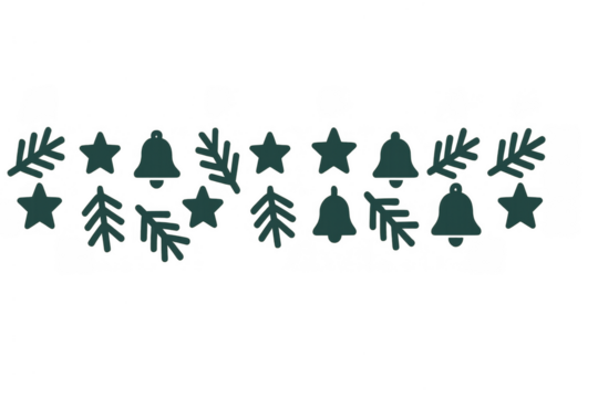 Christmas holiday border with pine branches, stars, and bells arranging festive greeting card design, transparent background