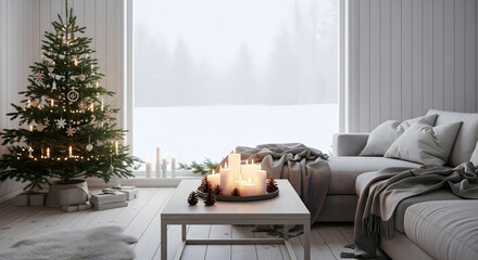 White and Gray Holiday Living Room with Candlelight