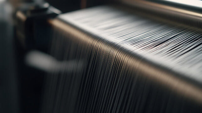 Close-up of industrial loom at work, threads moving in harmonious unison, weaving into fabric. A dance of precision, where each thread contributes to the bigger picture.