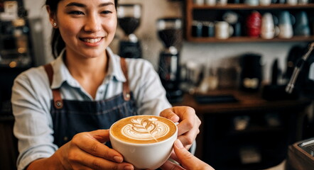 A smiling barista serving latte art in a cafe with equipment, perfect for coffee shop advertising, barista training materials, and cozy cafe culture themes.