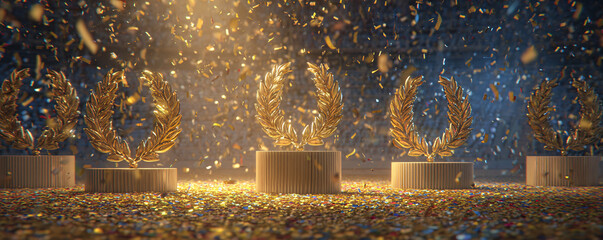 Golden laurel wreaths on podiums with falling confetti celebrating victory and success