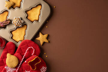 Decorative cookie tin with tree shaped cookies, candy canes, and red mittens evokes a warm holiday scene perfect for Christmas and New Year greetings and festive moments