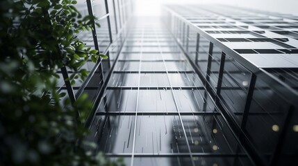 Low-angle view of a modern skyscraper with glass facade, foliage, and rainy weather