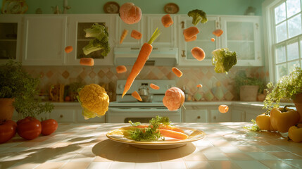 Brightly lit kitchen scene with vegetables levitating above a dinner plate