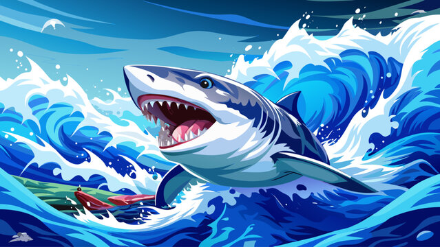 Realistic vector of a great white shark breaching from deep blue ocean, powerful splash, cloudy horizon, detailed water texture, sunlight reflections, natural marine atmosphere, dynamic action scene