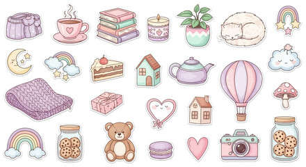 A charming collection of cute and cozy hygge lifestyle elements, including a cat, books, and tea, drawn in a soft pastel doodle style
