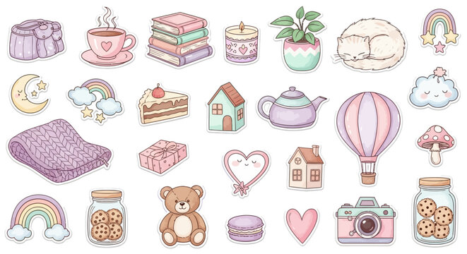 A charming collection of cute and cozy hygge lifestyle elements, including a cat, books, and tea, drawn in a soft pastel doodle style