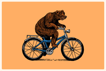 Grizzly bear on a bicycle. Animal character on vehicle. Modern concept in vintage look. Hand drawn engraving, woodcut style for sport events, emblems, beverages, cartoon