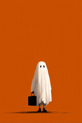 Halloween ghost costume character holding a trick or treat bag on orange background
