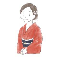 赤い着物を着た女性の上半身イラスト（和風・日本文化）