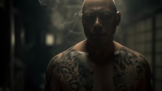 Portrait of a yakuza man with full irezumi tattoo on his back, photographed from behind in a traditional Japanese bathhouse, soft steam and moody lighting