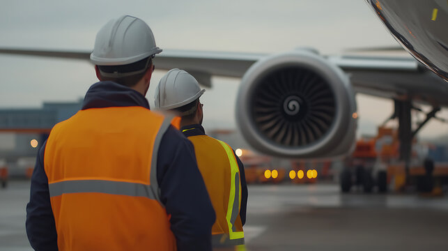 Airport workers in safety vests and helmets stand on the tarmac, inspecting a passenger jet engine on an overcast day, ensuring safety protocols are followed.