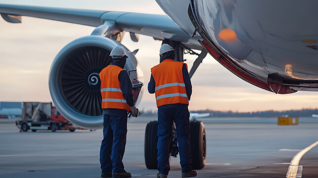 Aircraft maintenance team performs inspection near engine and landing gear. Crew in safety gear examines plane on tarmac for pre-flight readiness and safety.