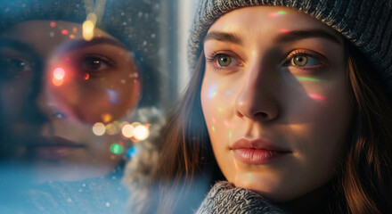 A contemplative woman gazes through a window, reflecting on life and emotions.