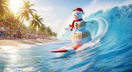 A festive snowman surfing the waves at a tropical beach during Christmas time.