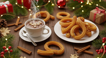 Delicious hot chocolate with churros, perfect for a festive holiday gathering.