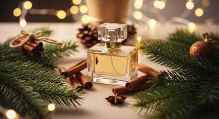 Elegant perfume bottle surrounded by festive greenery and holiday decorations.