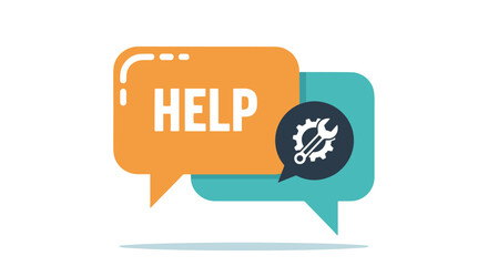 Fototapeta premium Helpful concept with speech bubbles and tools icon, representing support, assistance, and technical solutions. The orange bubble displays the word 