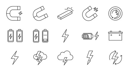 Bundle of Magnet, Battery, and Lightning Related Line Icons: A collection of outline signs for graphic and web design, apps, adverts, various cards, and vector cartoon illustrations, representing