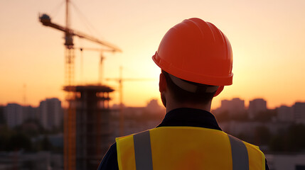 Construction worker in hard hat & safety vest watches as building rises against city skyline at sunset. Dedicated to progress, building for the future, strong!