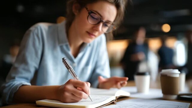A young woman scribbles furiously in a notebook during a business meeting a colleague gesturing animatedly over a blueprint coffee cups and papers scattered on the table top vie