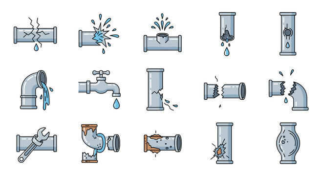 Collection of cartoon vector illustrations depicting various types of broken pipes, leaks, and plumbing issues, presented on a clean black background, ideal for design projects, books, adverts, and - Powered by Adobe