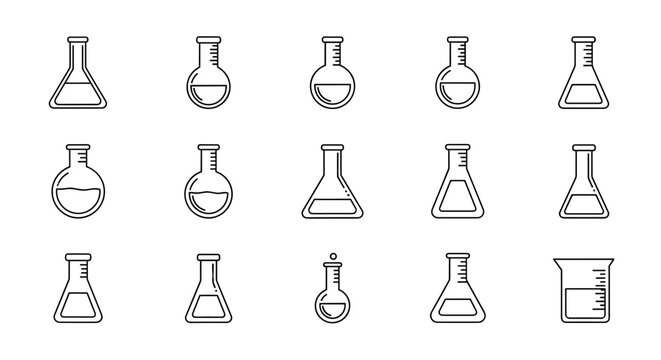 Collection of minimalistic linear pictograms representing various laboratory flasks and beakers, ideal for web design, graphic applications, banners, social networks, and card designs, presented as a