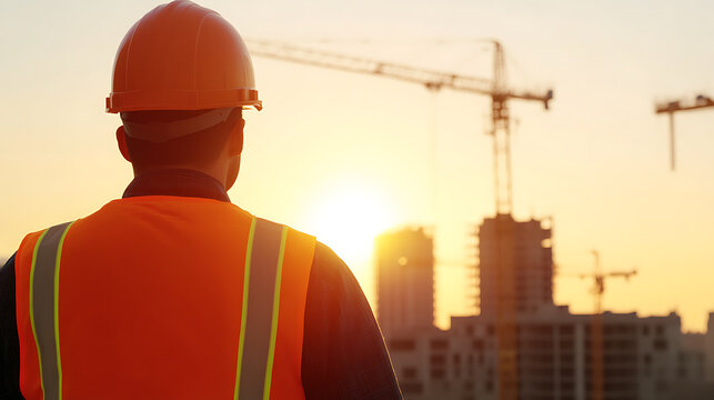 Sunset silhouette of a construction worker in hard hat and safety vest. Cranes and buildings form the backdrop against a vibrant orange sky. Symbolizes progress and development.