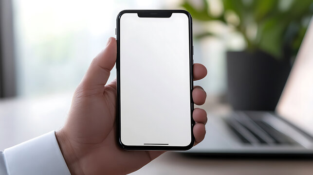 A person holds a sleek smartphone with a blank screen, set against a blurred office backdrop. The screen is bright, inviting interaction for diverse mobile apps.