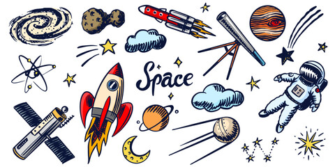 Hand drawn space doodles in sketchy style with rocket astronaut or spaceman, milky way galaxy, satellite and a comet, planets and telescope. science elements for kids and educational content