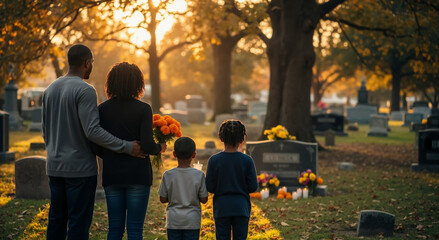African American family visiting a grave in a cemetery at sunset. Parents and children honoring a loved one on All Souls' Day. Concept of remembrance, grief, and family support