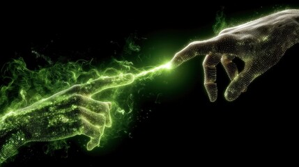 デジタル化された2つの手が暗闇の中で指先を合わせ電気的な接続を行う様子 | Two digitized hands connect their fingertips in the dark, generating a neon green electrical spark