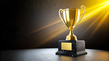 Golden Trophy Cup with Light Beam on Dark Background for Success and Achievement Concept
