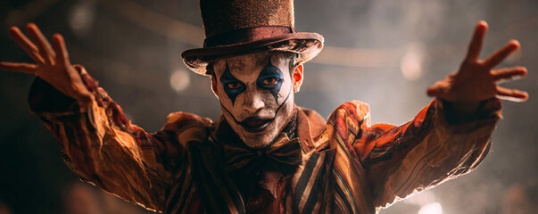 Scary clown character in sinister costume creating a feeling of horror and fear