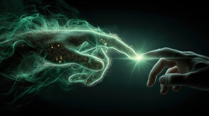 暗闇の中で粒子状のエネルギー体と人間の手が指先で接触する様子 | Human and ethereal particle hands nearly touching fingers in the dark