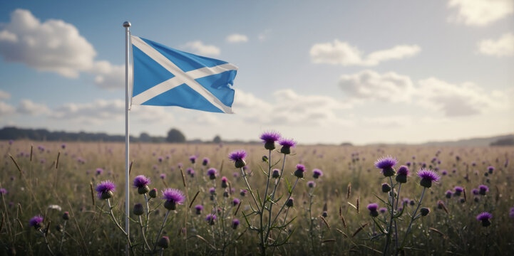 Scottish flag waving in a field of thistles. The Saltire, the national symbol of Scotland, with purple flowers. St. Andrew's Day background - Powered by Adobe